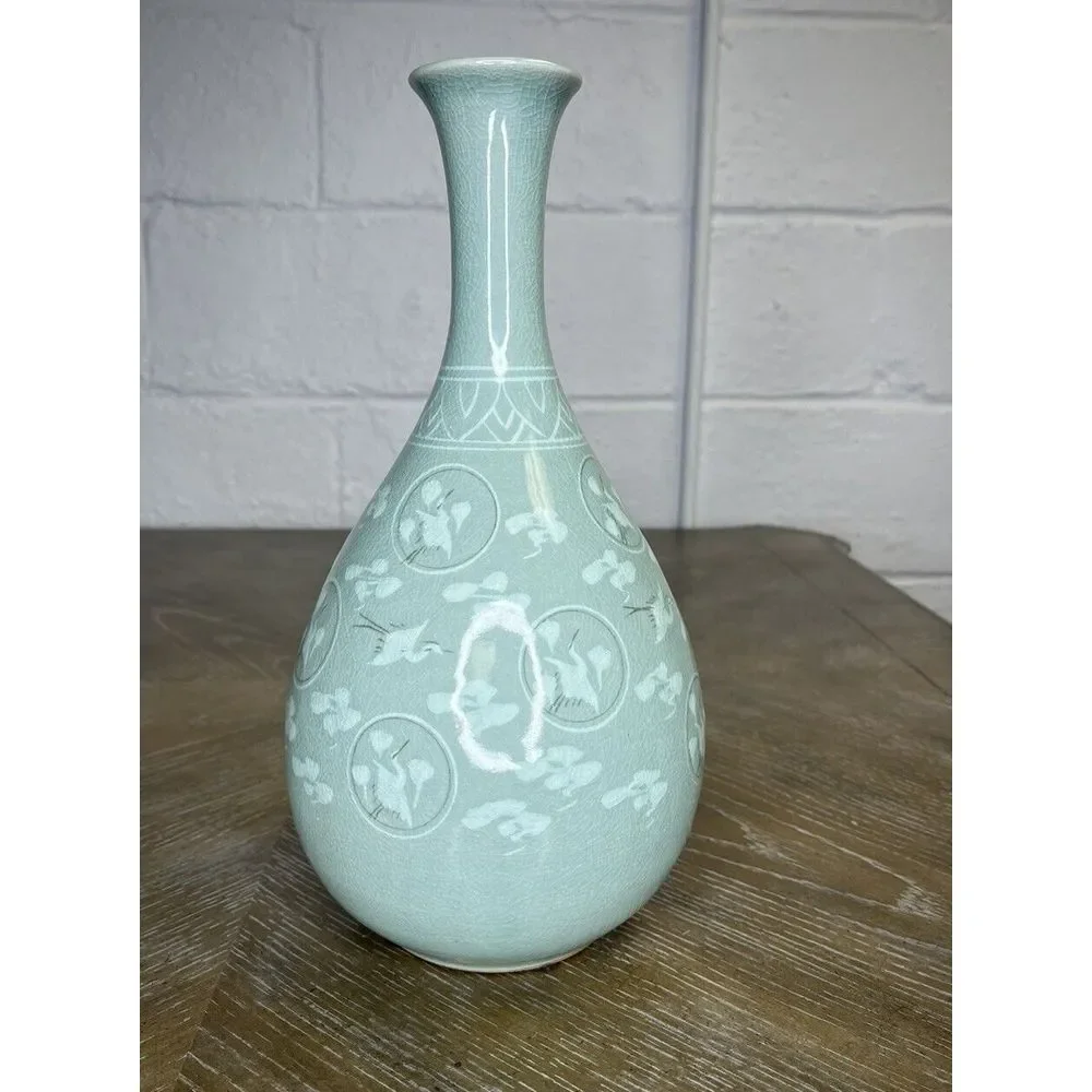 Korean Celadon Bottle Yuhuchun Vase Crane Clouds Signed‎ 12.5